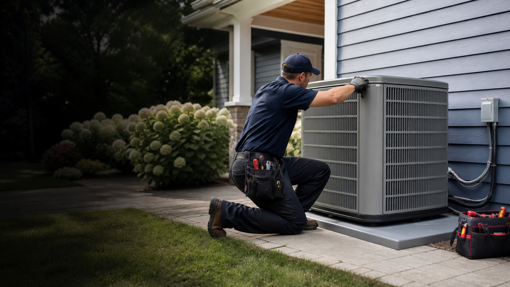 HVAC technician inspecting an outdoor condenser during a service visit
